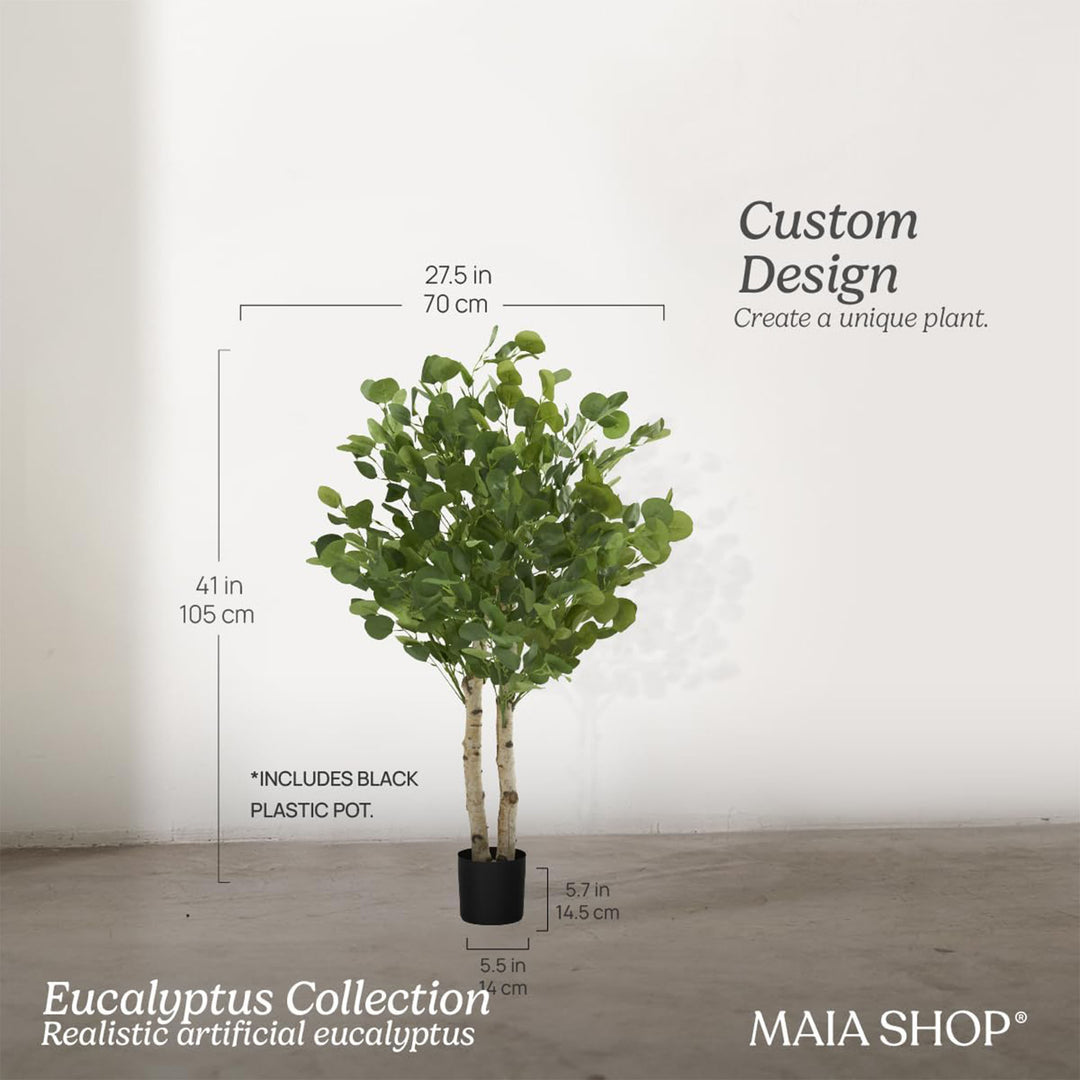 Maia Shop Artificial Eucalyptus Tree 3.5' Tall, Fake Tree w/Natural Wood Trunk