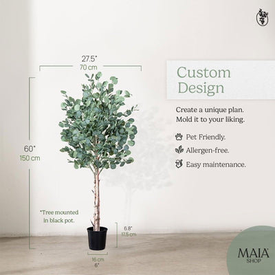 Maia Shop Artificial Eucalyptus Tree 5' Tall, Fake Tree with Natural Wood Trunk