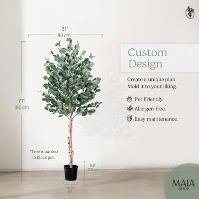 Maia Shop Artificial Eucalyptus Tree 6' Tall, Fake Tree w/Wood Trunk (Used)