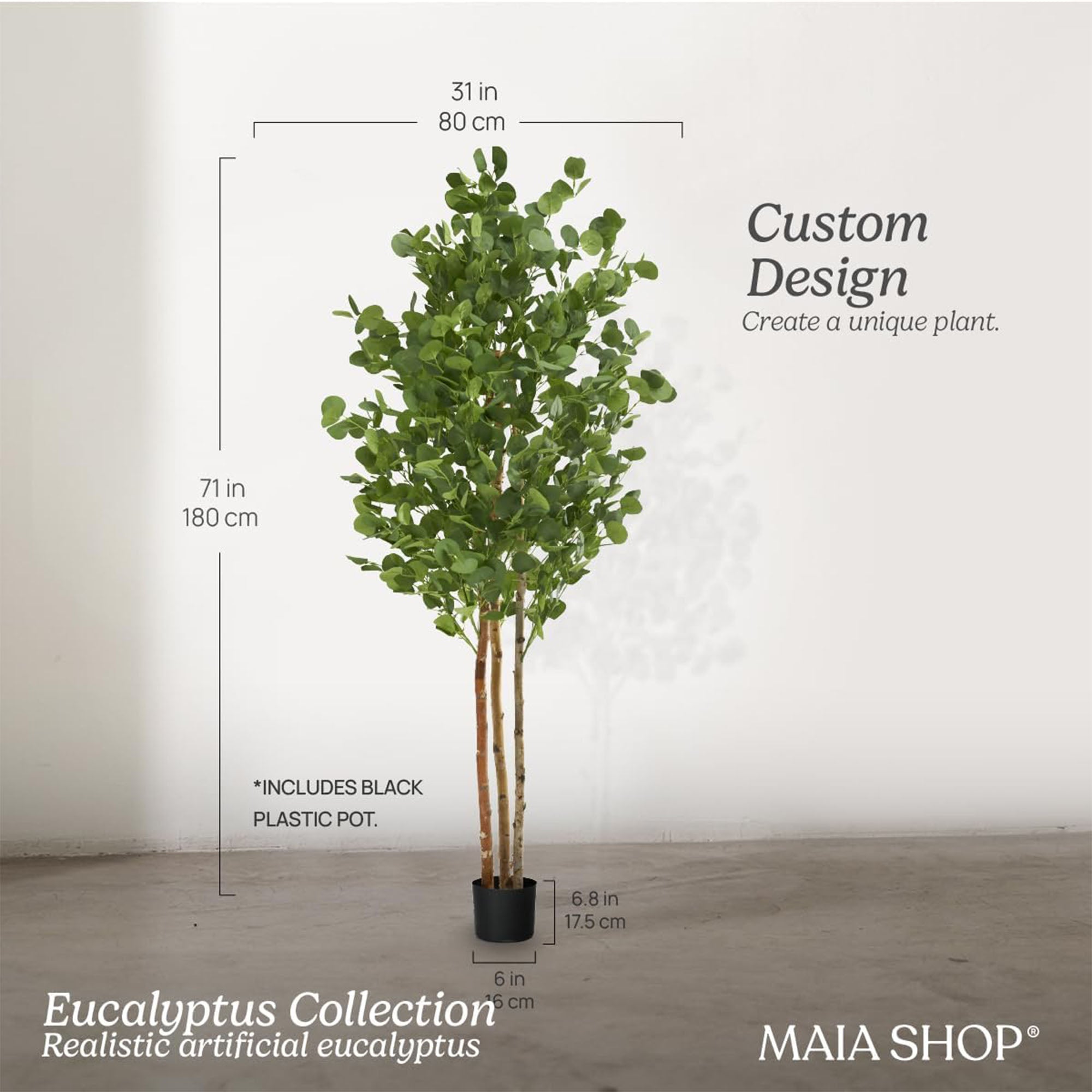 Maia Shop Artificial Eucalyptus Tree 6' Tall, Natural Wood Trunk (Open Box) - VMInnovations