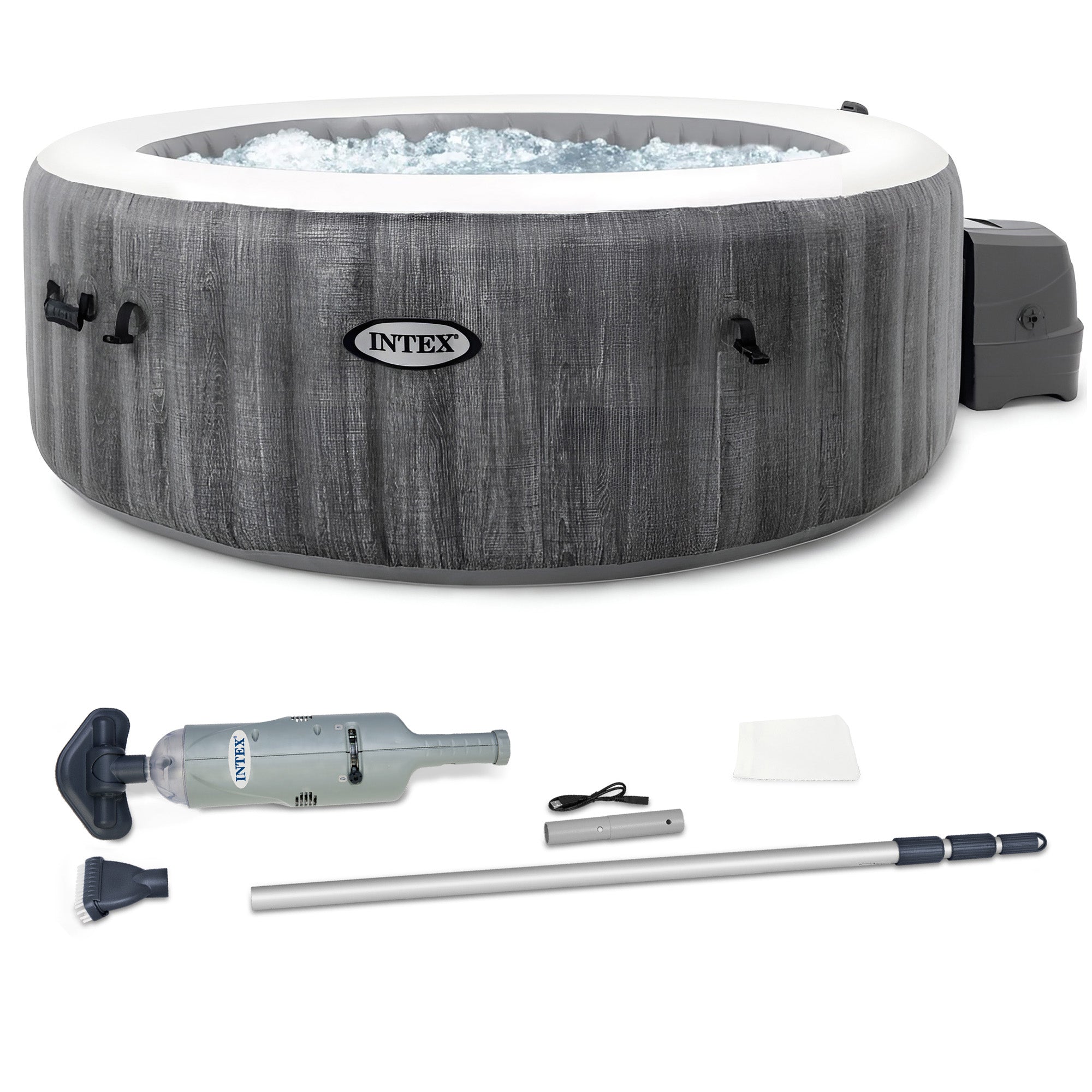 Intex Handheld Pool Vacuum w/PureSpa Plus 4 Person Inflatable Hot Tub, Greywood - VMInnovations