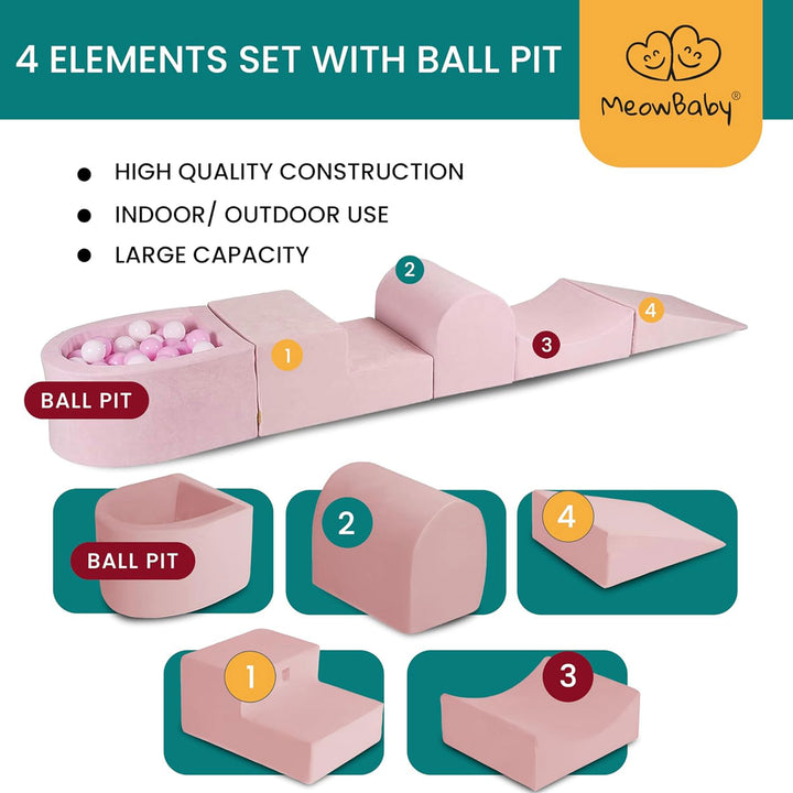 MeowBaby 4 Element Baby Foam Blocks Ball Pit w/100 Balls, Powder Pink (Open Box)