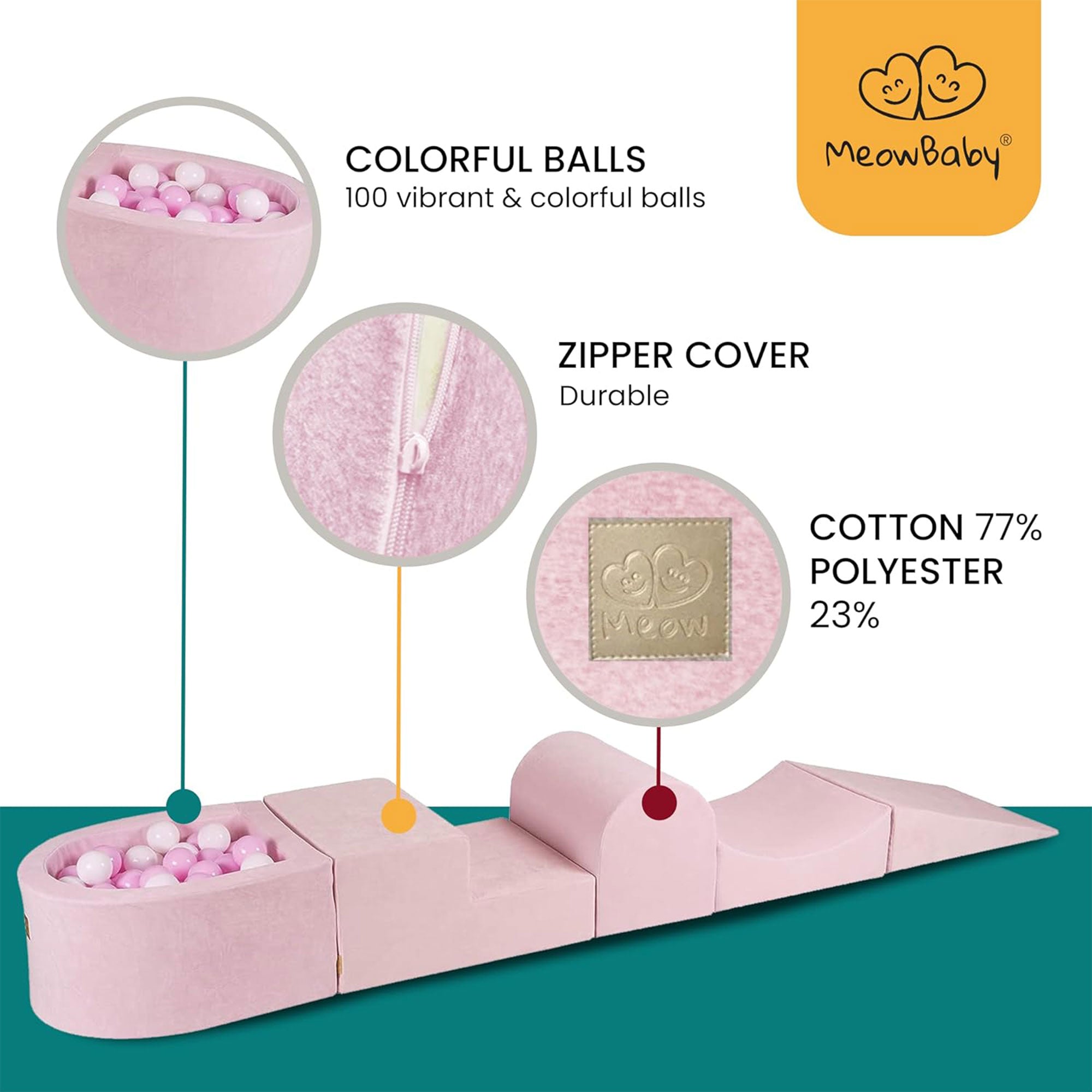 MeowBaby Round 4 Element Baby Foam Blocks Ball Pit with 100 Balls, Powder Pink - VMInnovations
