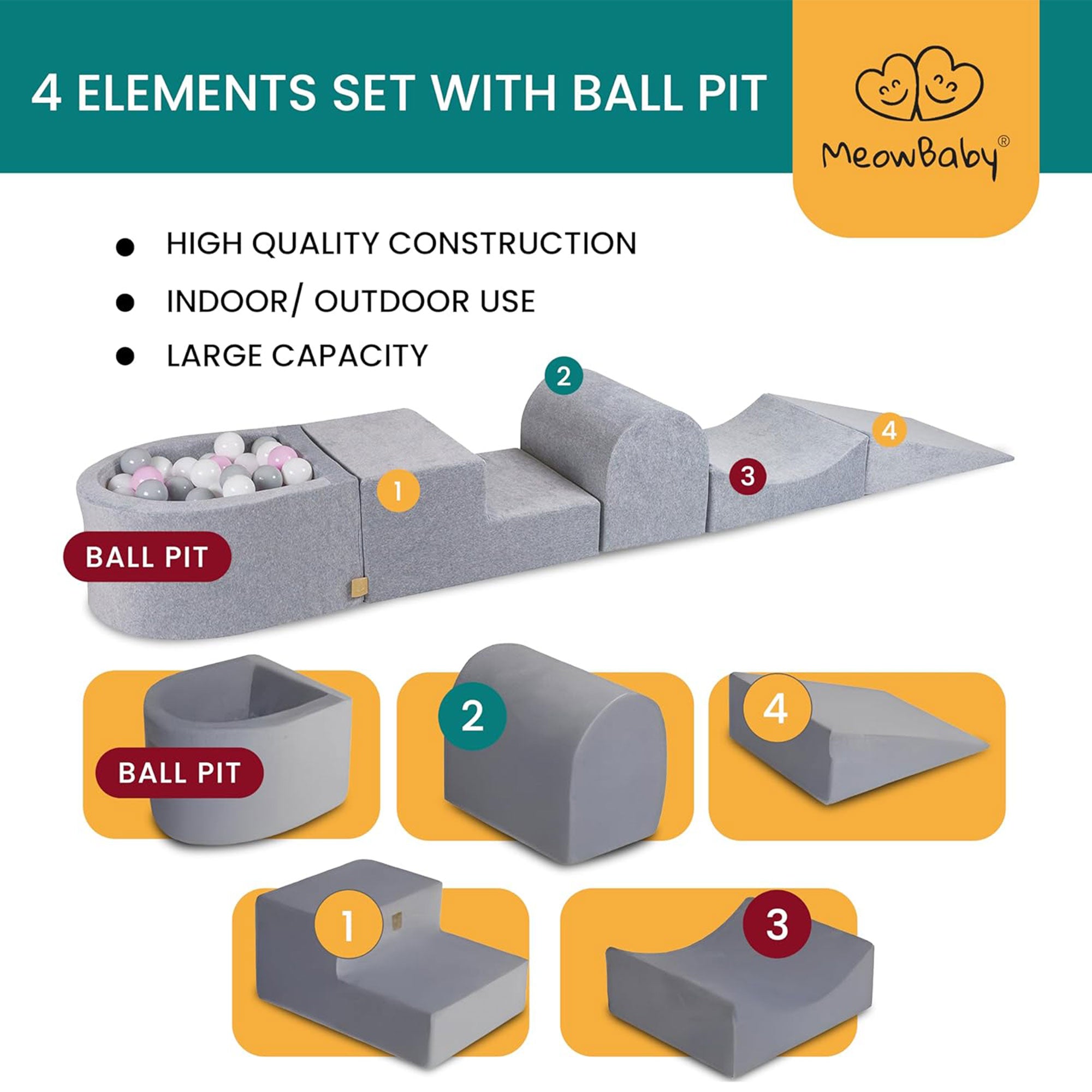 MeowBaby 4 Element Baby Foam Blocks Ball Pit with 100 Balls, Light Gray (Used) - VMInnovations