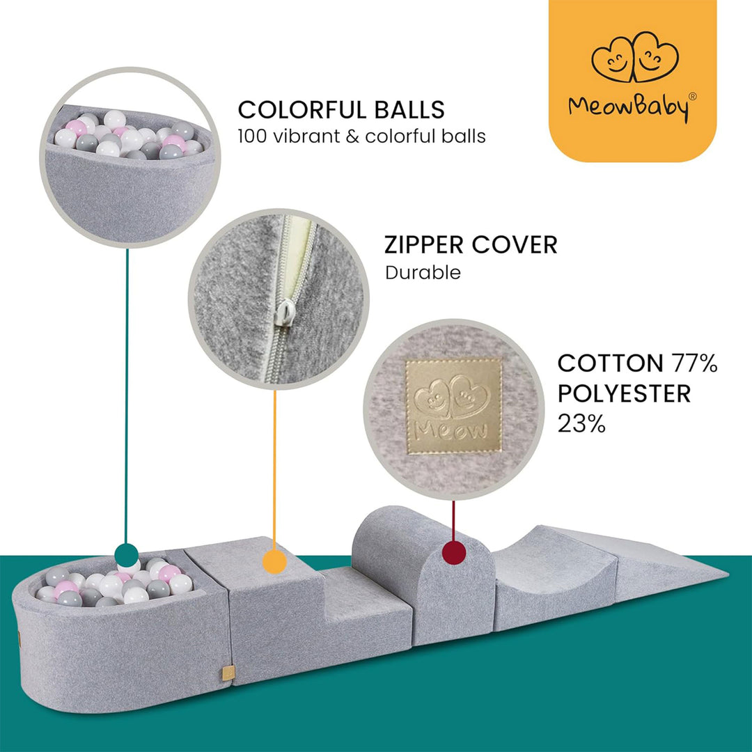 MeowBaby 4 Element Baby Foam Blocks Ball Pit with 100 Balls, Light Gray (Used)