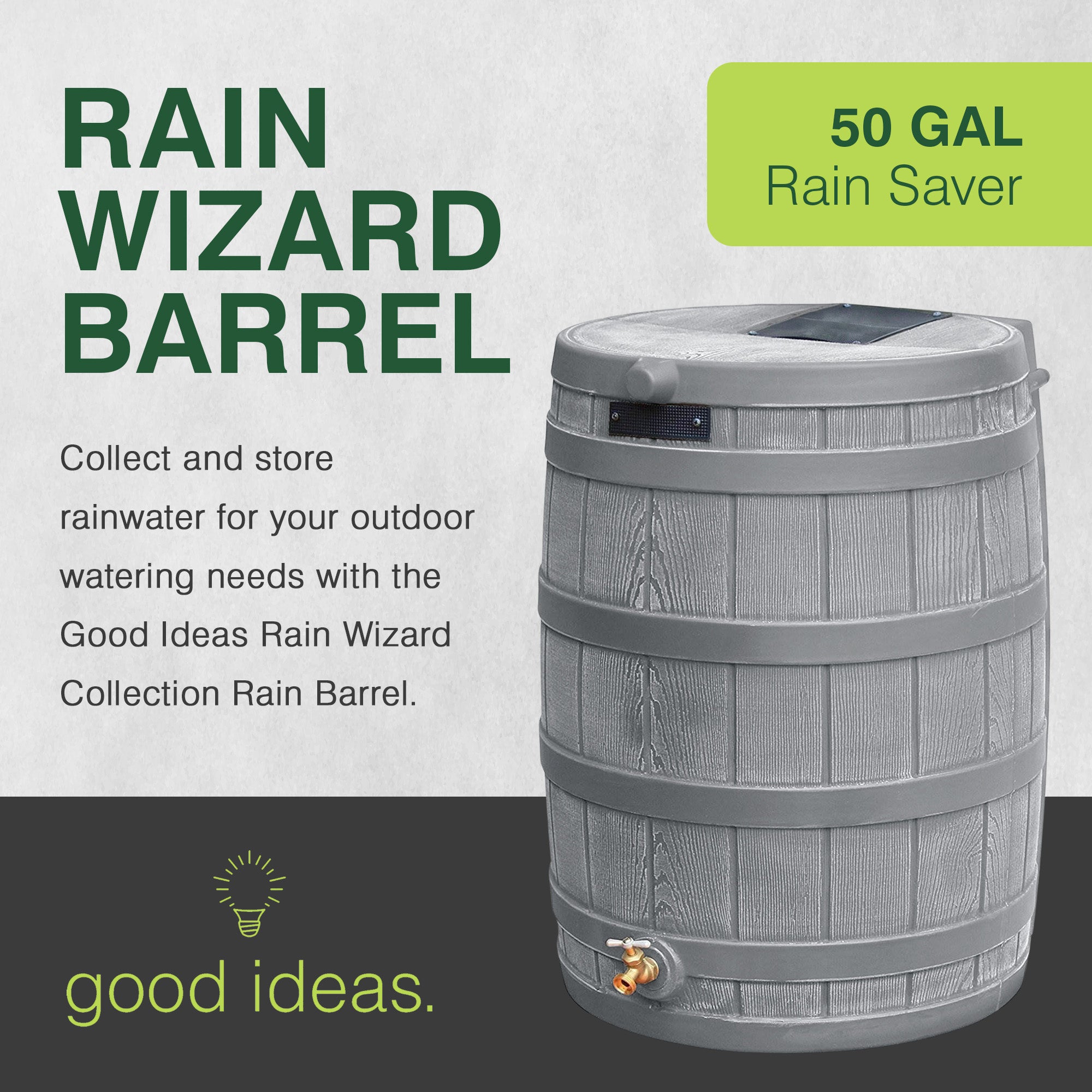 Good Ideas Rain Wizard 50 Gal Plastic Rain Barrel Water Collector,Gray(Open Box)