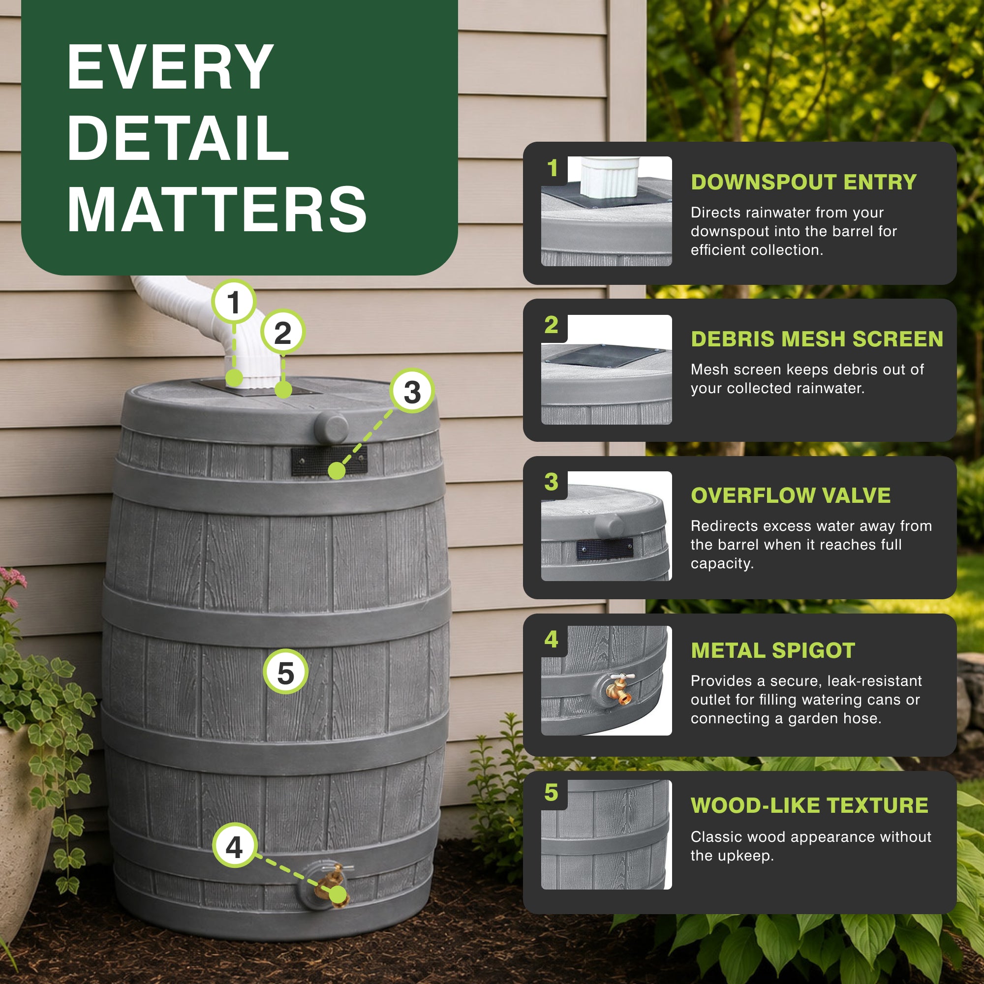 Good Ideas RW50 Rain Wizard 50 Gallon Plastic Rain Barrel Water Collector, Gray