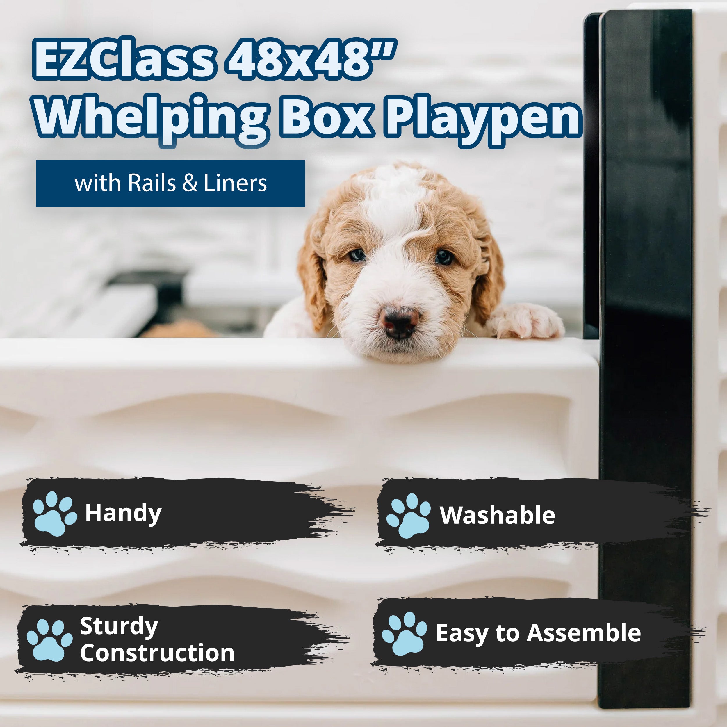 EZwhelp EZclassic 48" x 48" Dog Whelping Box Tall Playpen with Rails, Black - VMInnovations