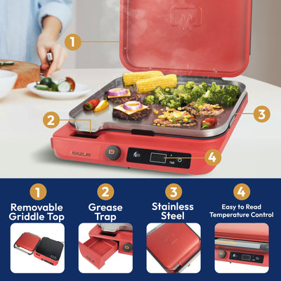 Razor I-Razor Portable Electric Induction Griddle with Temperature Control, Red - VMInnovations