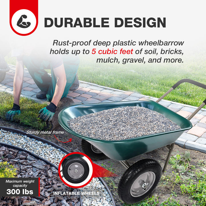 Elevon 2 Wheel Utility Wheelbarrow, Yard Cart w/ Built-in Stand, Green(Open Box)