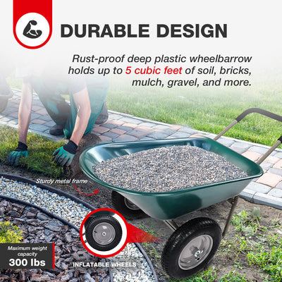 Elevon 2 Wheel Utility Wheelbarrow, Yard Cart w/ Built-in Stand, Green(Open Box)