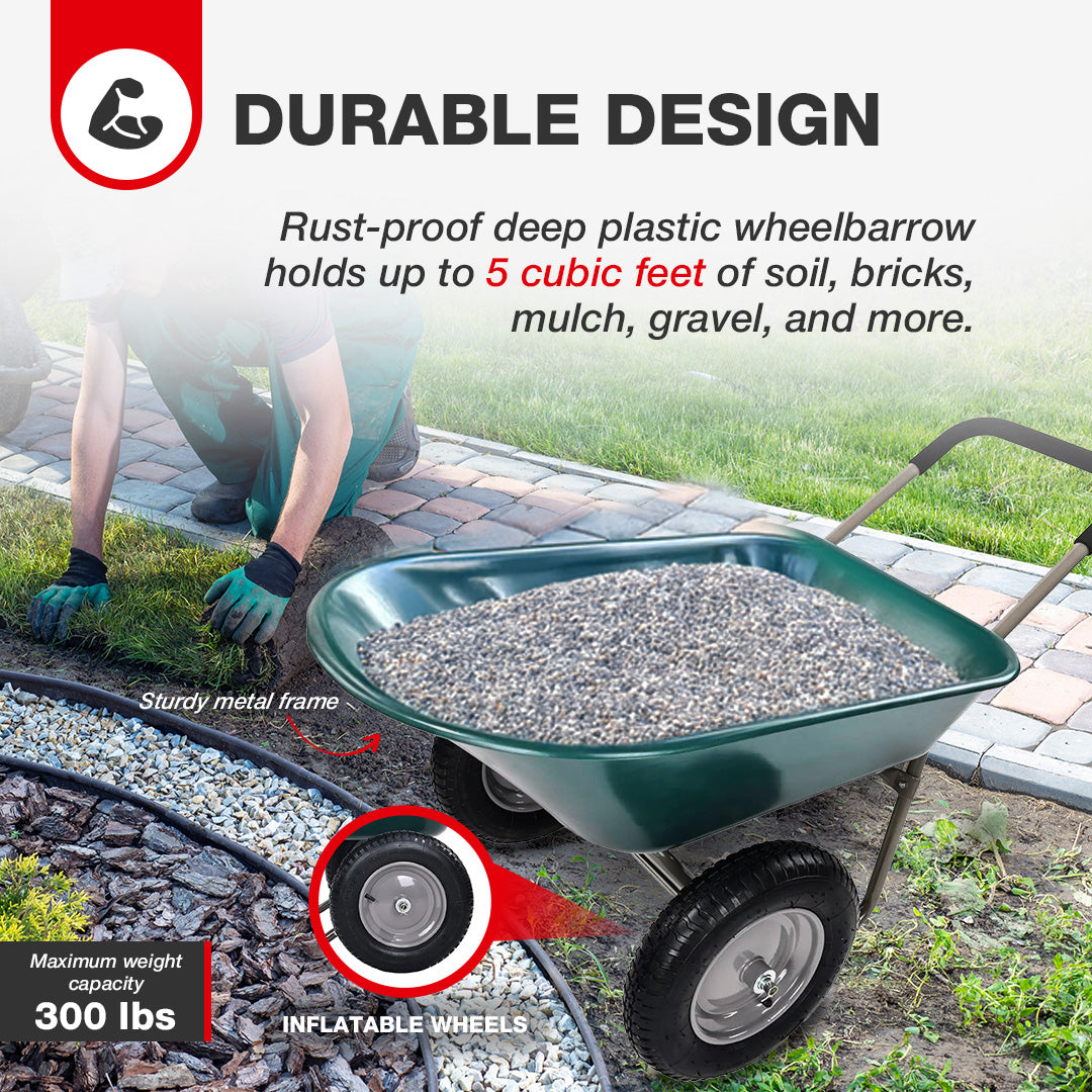 Elevon 2 Wheel Utility Wheelbarrow, Yard Cart w/ Built-in Stand, Green(Open Box)