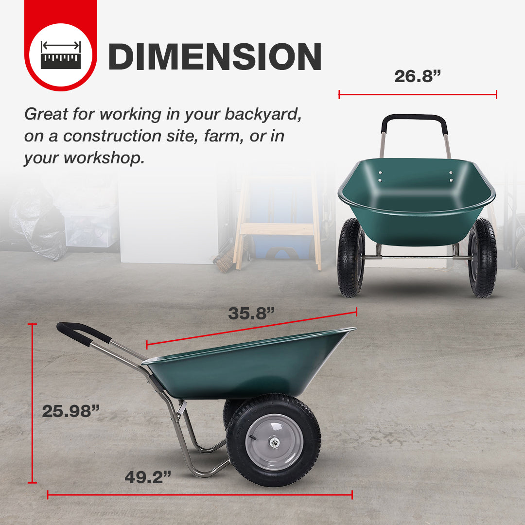 Elevon 2 Wheel Utility Wheelbarrow, Yard Cart w/ Built-in Stand, Green(Open Box)