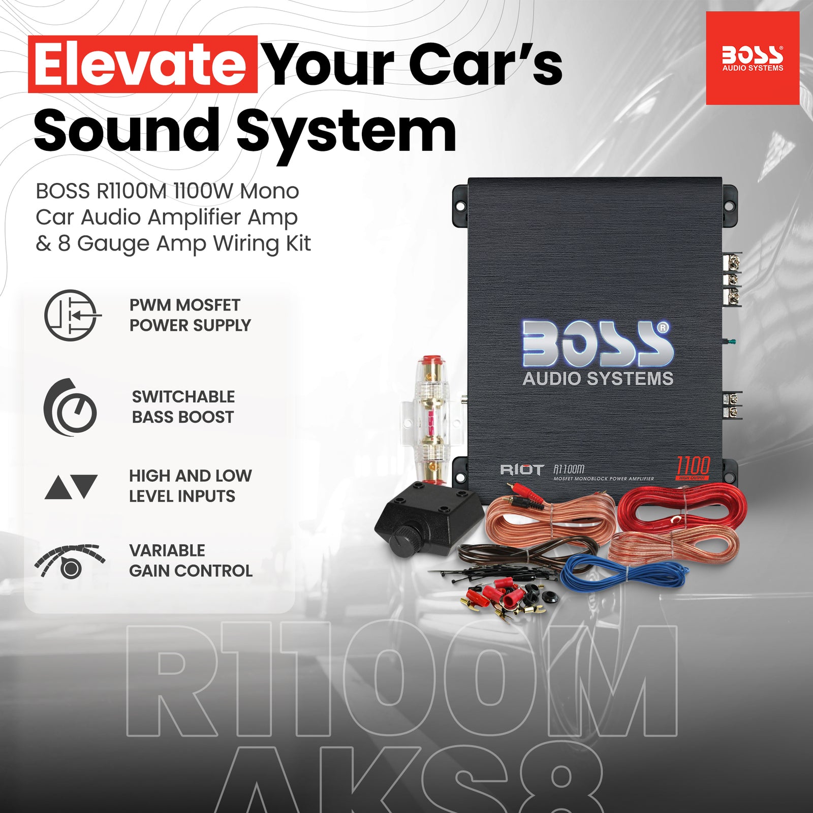 New BOSS R1100M 1100W Mono Car Audio Amplifier Amp & 8 Gauge Amp Wiring Kit - VMInnovations