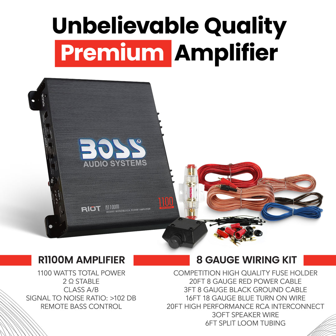 New BOSS R1100M 1100W Mono Car Audio Amplifier Amp & 8 Gauge Amp Wiring Kit