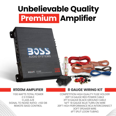 New BOSS R1100M 1100W Mono Car Audio Amplifier Amp & 8 Gauge Amp Wiring Kit - VMInnovations