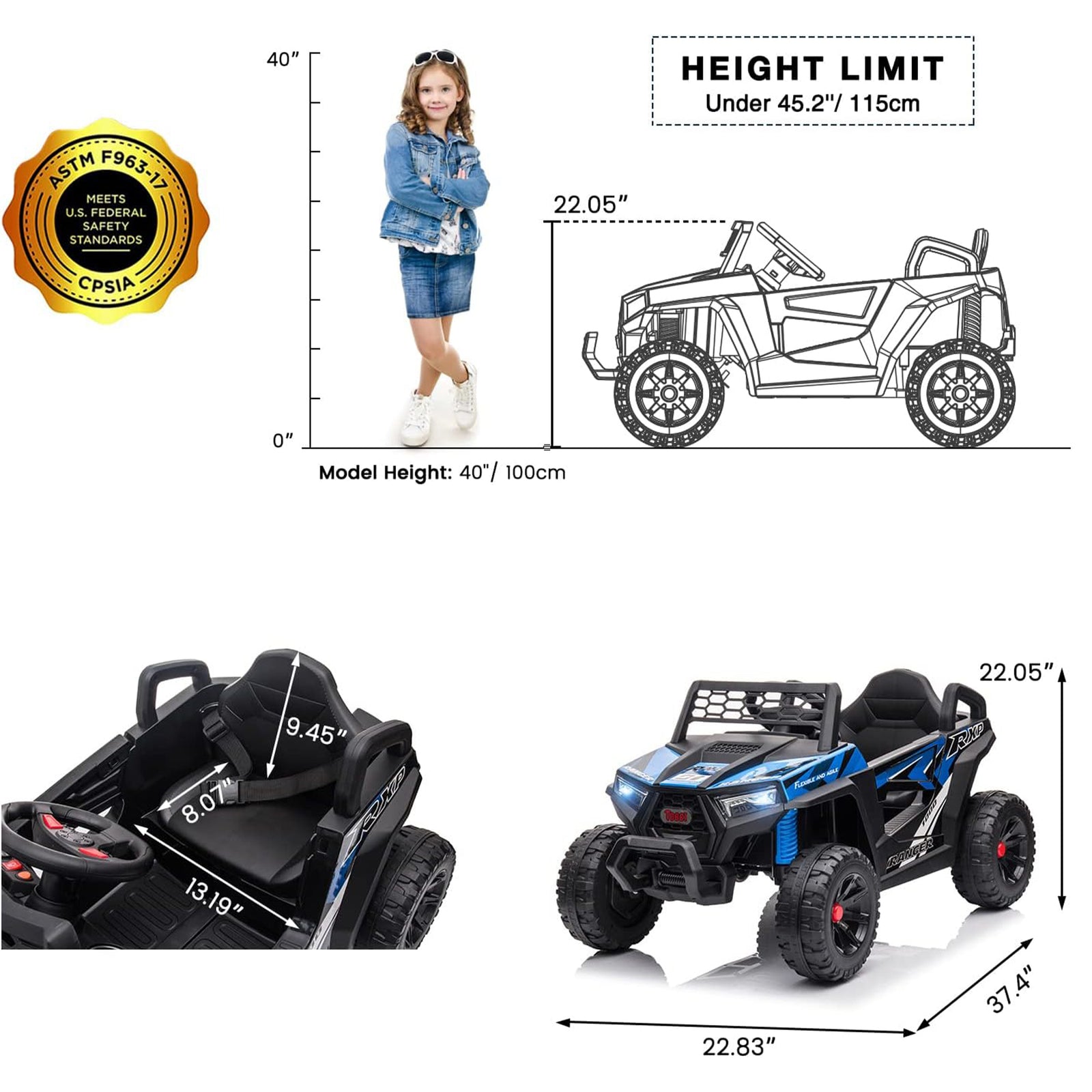 TOBBI 12 Volt Kids Ride on Electric Car Off Road UTV Truck with Horn, Blue - VMInnovations