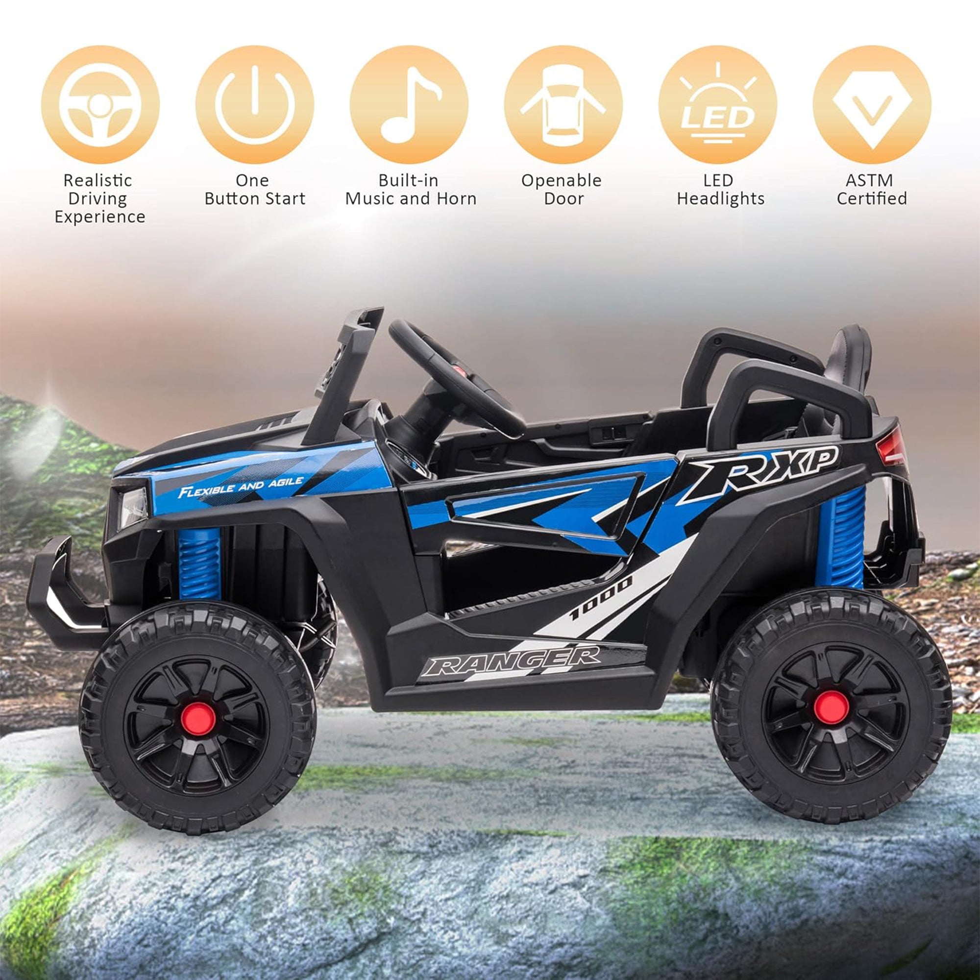 TOBBI 12 Volt Kids Ride on Electric Car Off Road UTV Truck with Horn, Blue - VMInnovations