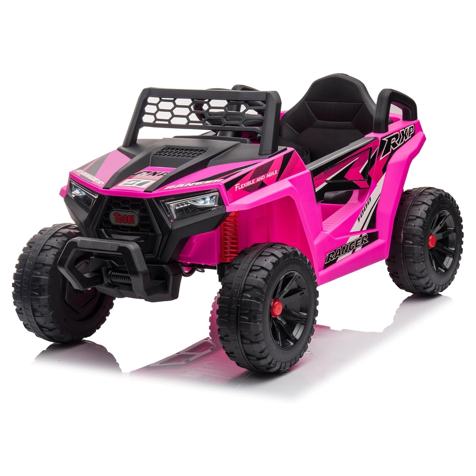 TOBBI 12 Volt Kids Ride on Electric Car Off Road UTV Truck with Horn, Rose Red - VMInnovations
