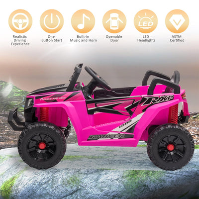 TOBBI 12 Volt Kids Ride on Electric Car Off Road UTV Truck with Horn, Rose Red - VMInnovations