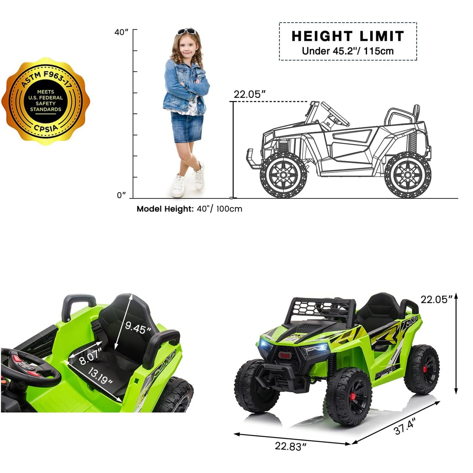 TOBBI 12 Volt Kids Ride on Electric Car Off Road UTV Truck with Horn, Green - VMInnovations