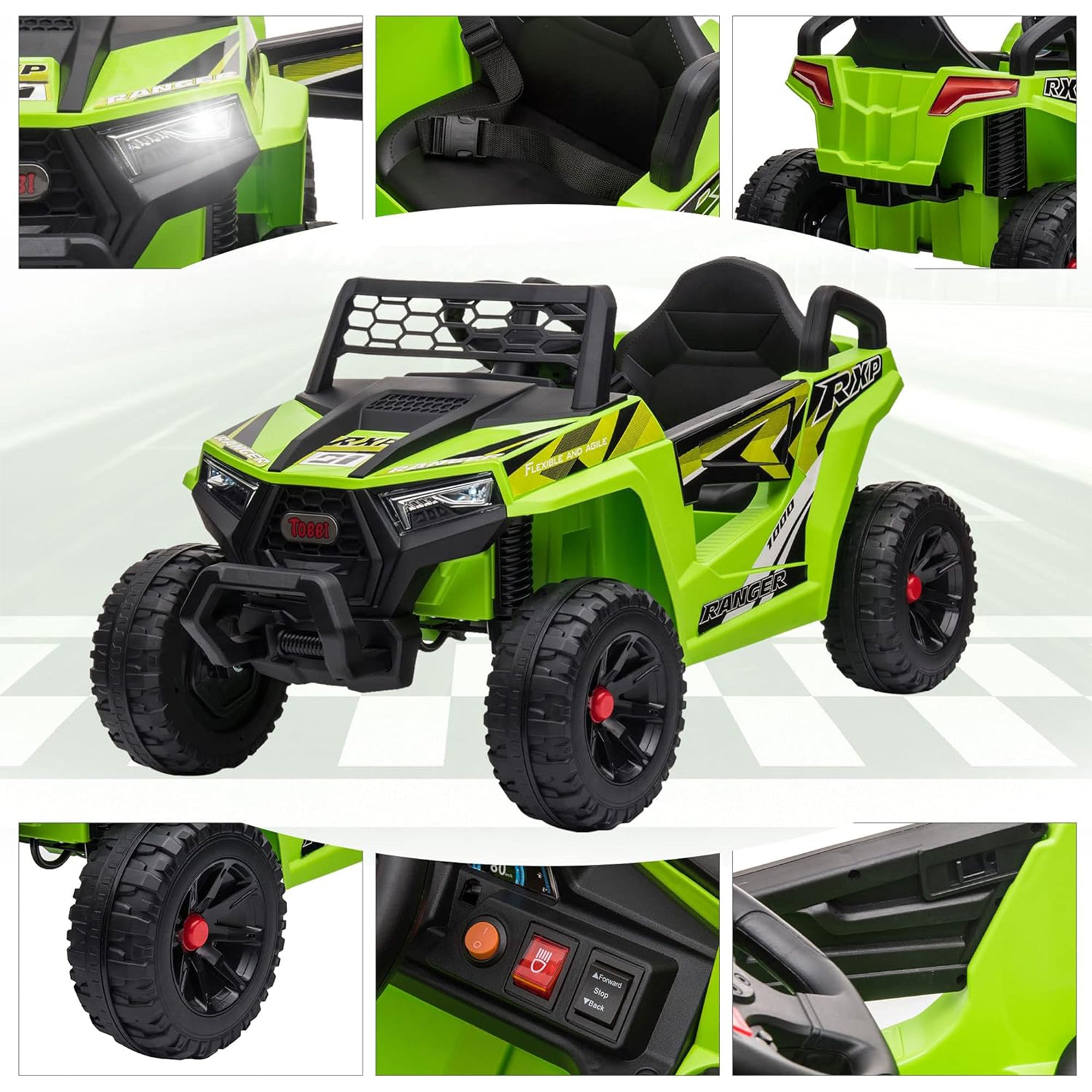 TOBBI 12 Volt Kids Ride on Electric Car Off Road UTV Truck with Horn, Green - VMInnovations