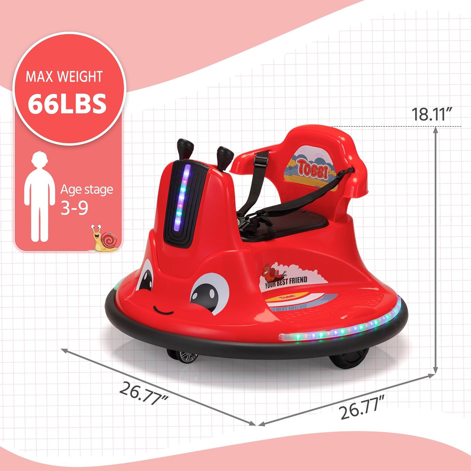 TOBBI 12V Snail Baby Bumper Electric Car, Kids Ride On Toy with Remote, Red - VMInnovations