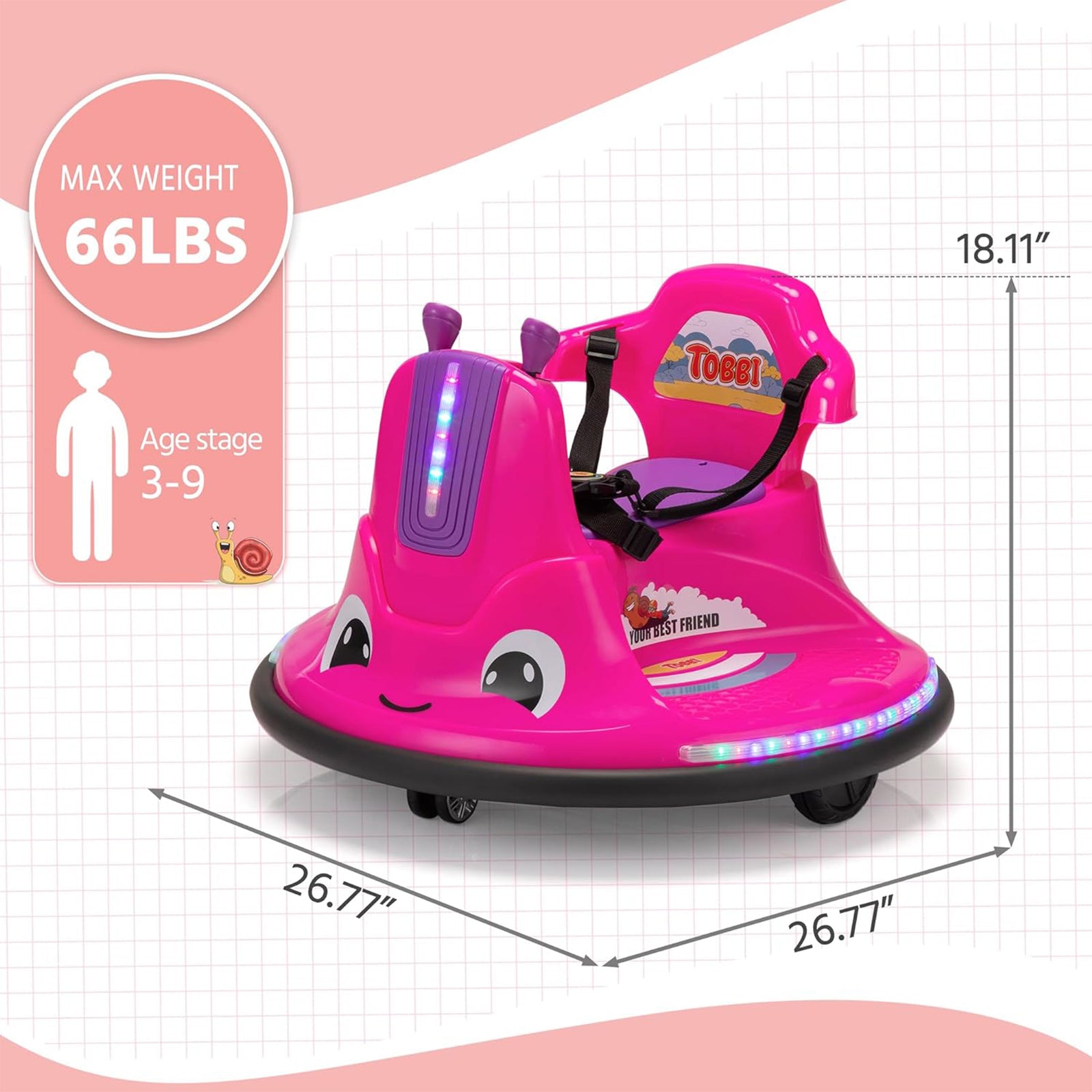 TOBBI 12V Snail Baby Bumper Electric Car, Kids Ride On Toy with Remote, Rose Red - VMInnovations
