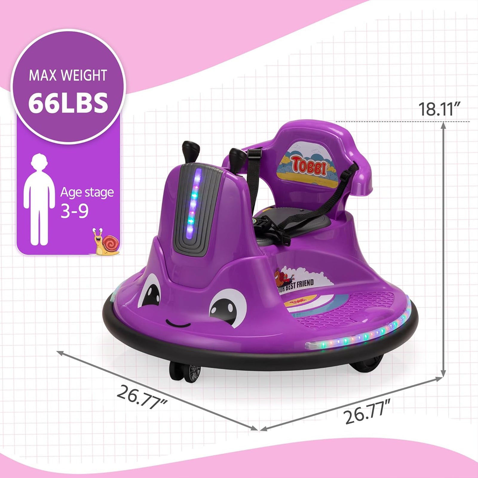 TOBBI 12V Snail Baby Bumper Electric Car, Kids Ride On Toy with Remote, Purple - VMInnovations