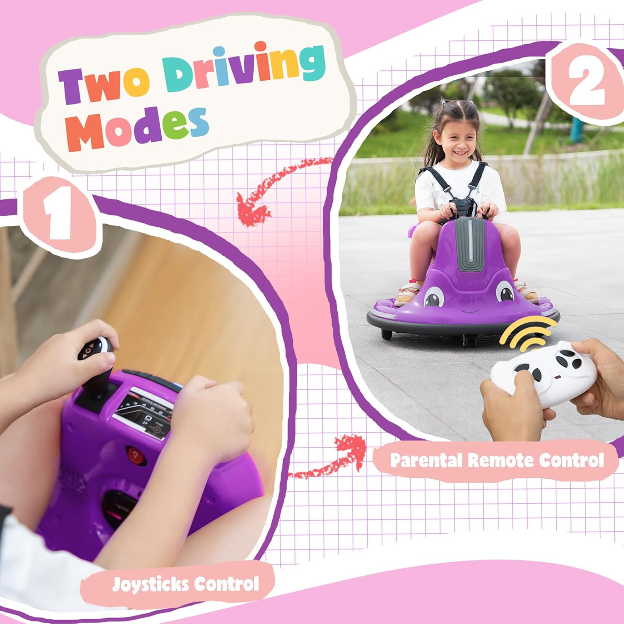 TOBBI 12V Snail Baby Bumper Electric Car, Kids Ride On Toy with Remote, Purple - VMInnovations
