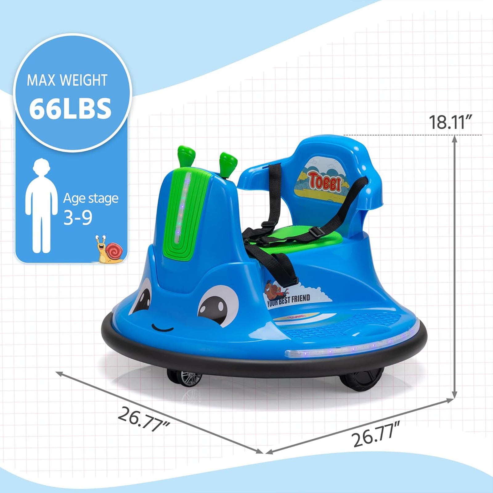 TOBBI 12V Snail Baby Bumper Electric Car, Kids Ride On Toy with Remote, Azure - VMInnovations