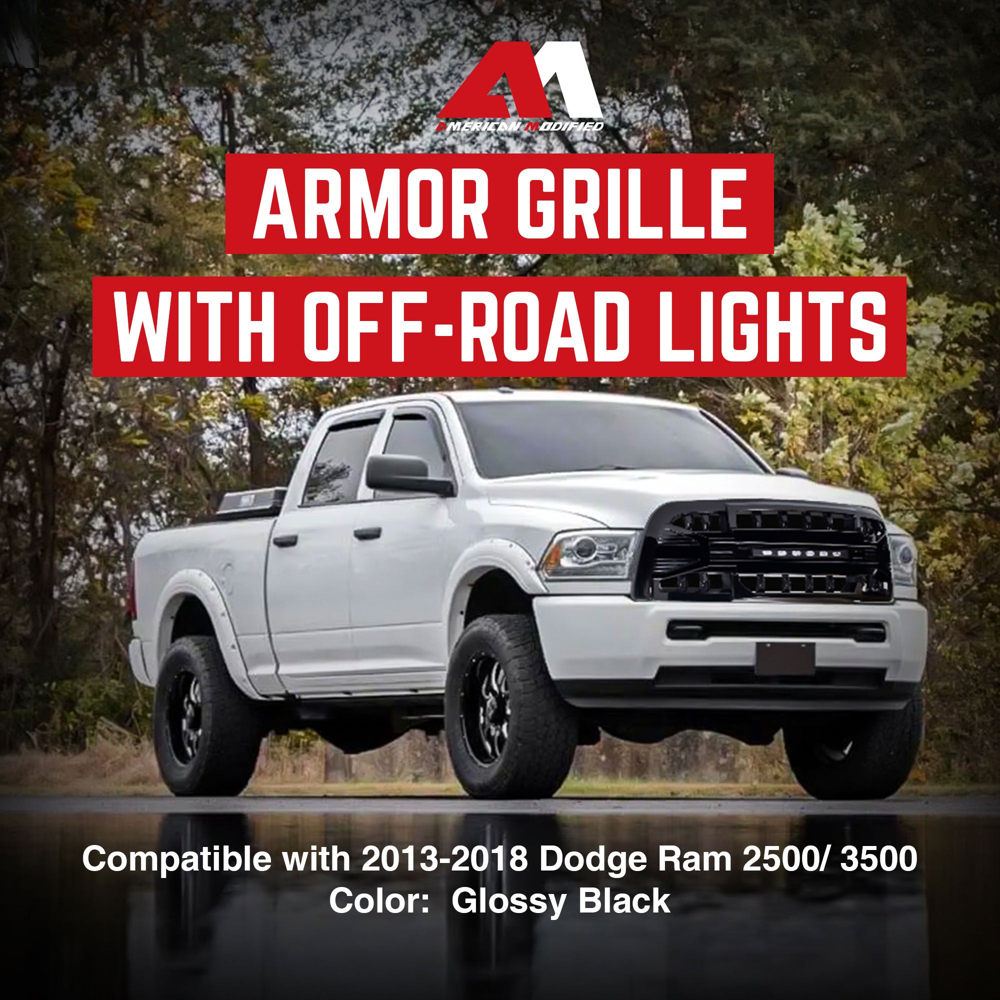 AMERICAN MODIFIED Armor Grille for 2013-2018 Dodge Ram 2500/3500, Glossy Black - VMInnovations