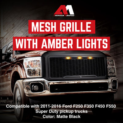 AMERICAN MODIFIED Front Grille for 2011-2016 Ford F250/350/450/550, Matte Black - VMInnovations