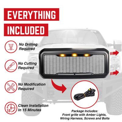 AMERICAN MODIFIED Front Grille for 2011-2016 Ford F250/350/450/550, Matte Black - VMInnovations