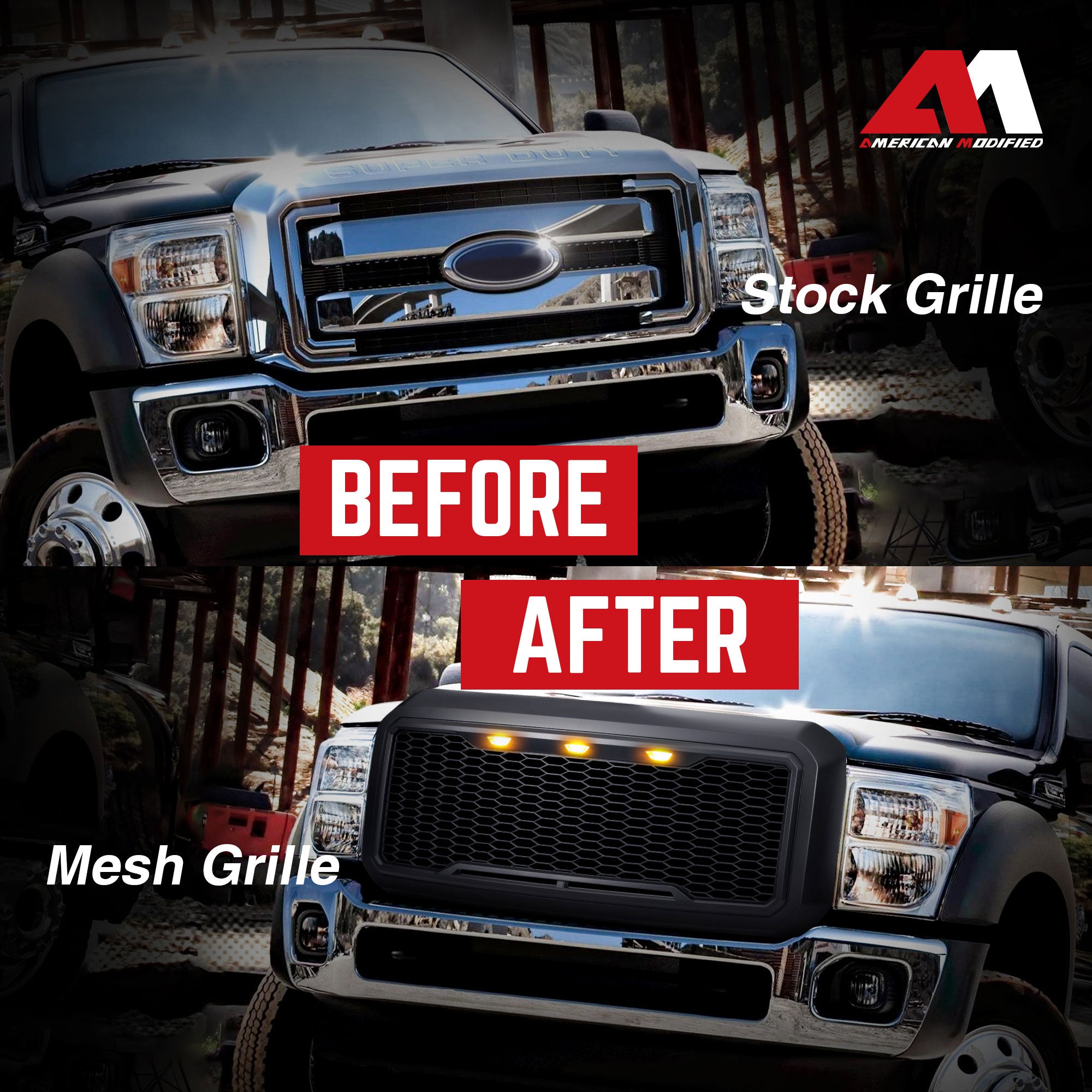 AMERICAN MODIFIED Front Grille for 2011-2016 Ford F250/350/450/550, Matte Black - VMInnovations