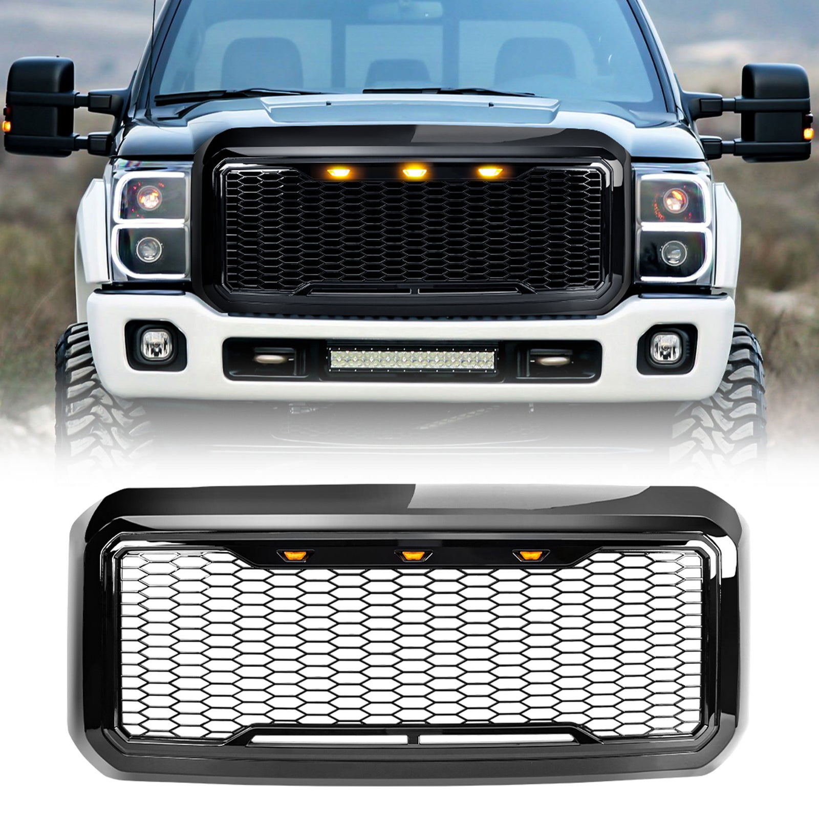 AMERICAN MODIFIED Front Grille for 2011-2016 Ford F250/350/450/550, Glossy Black - VMInnovations