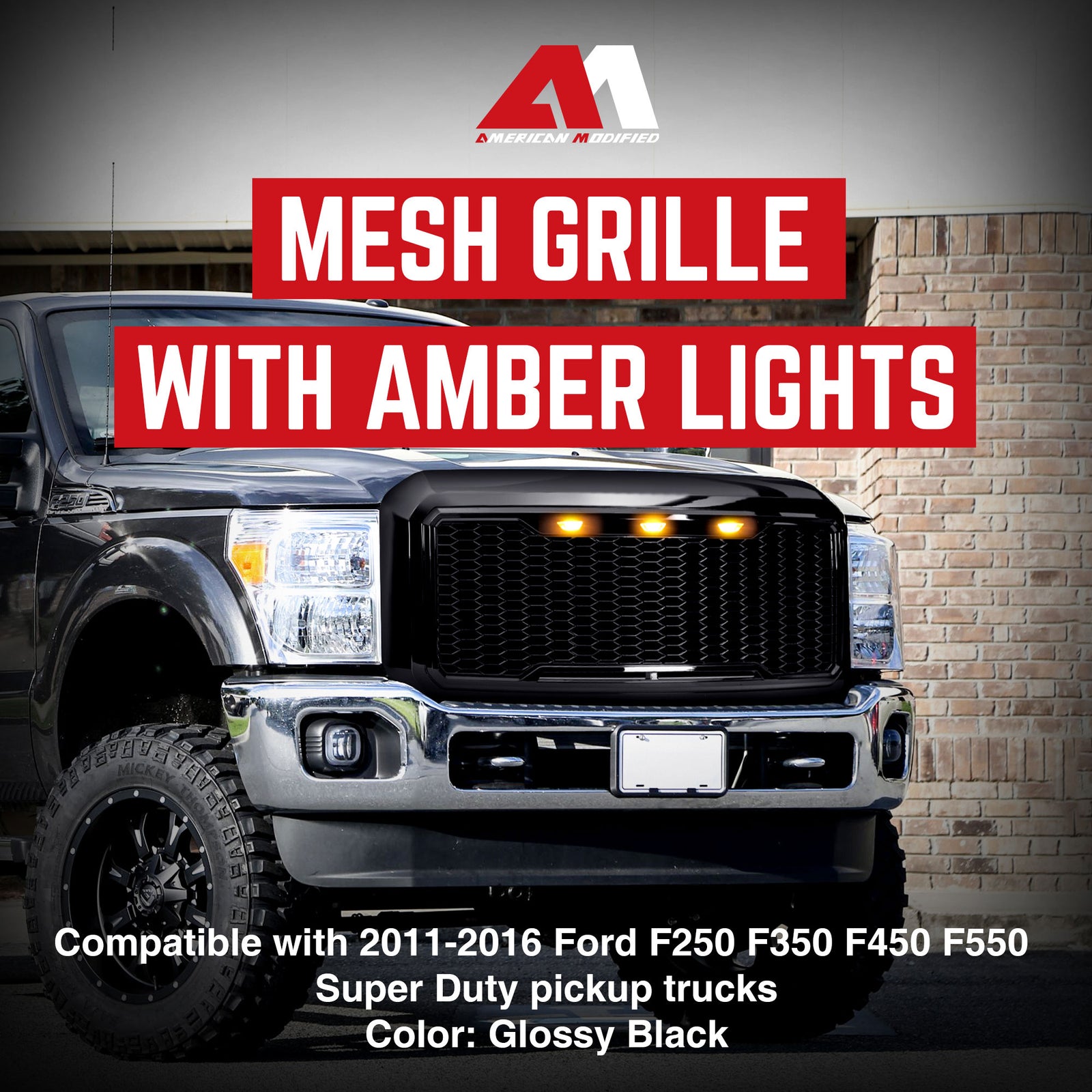 AMERICAN MODIFIED Front Grille for 2011-2016 Ford F250/350/450/550, Glossy Black - VMInnovations