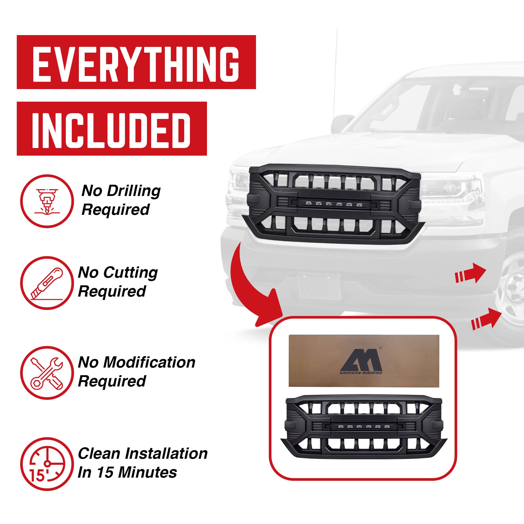 AMERICAN MODIFIED Armor Grille for 16-19 Chevy Silverado 1500, Black (Open Box) - VMInnovations