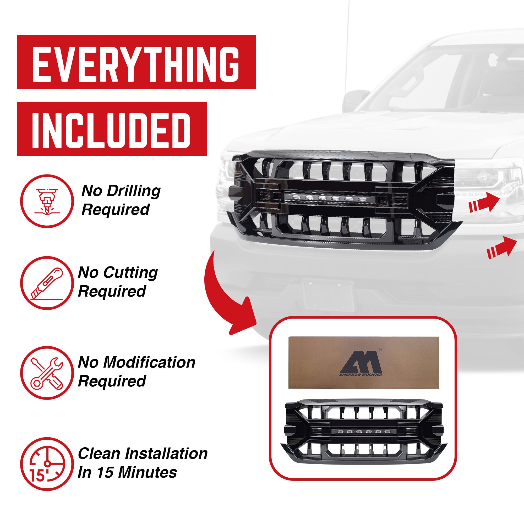 AMERICAN MODIFIED Grille for 16-19 Chevy Silverado 1500, Glossy Black (Open Box) - VMInnovations