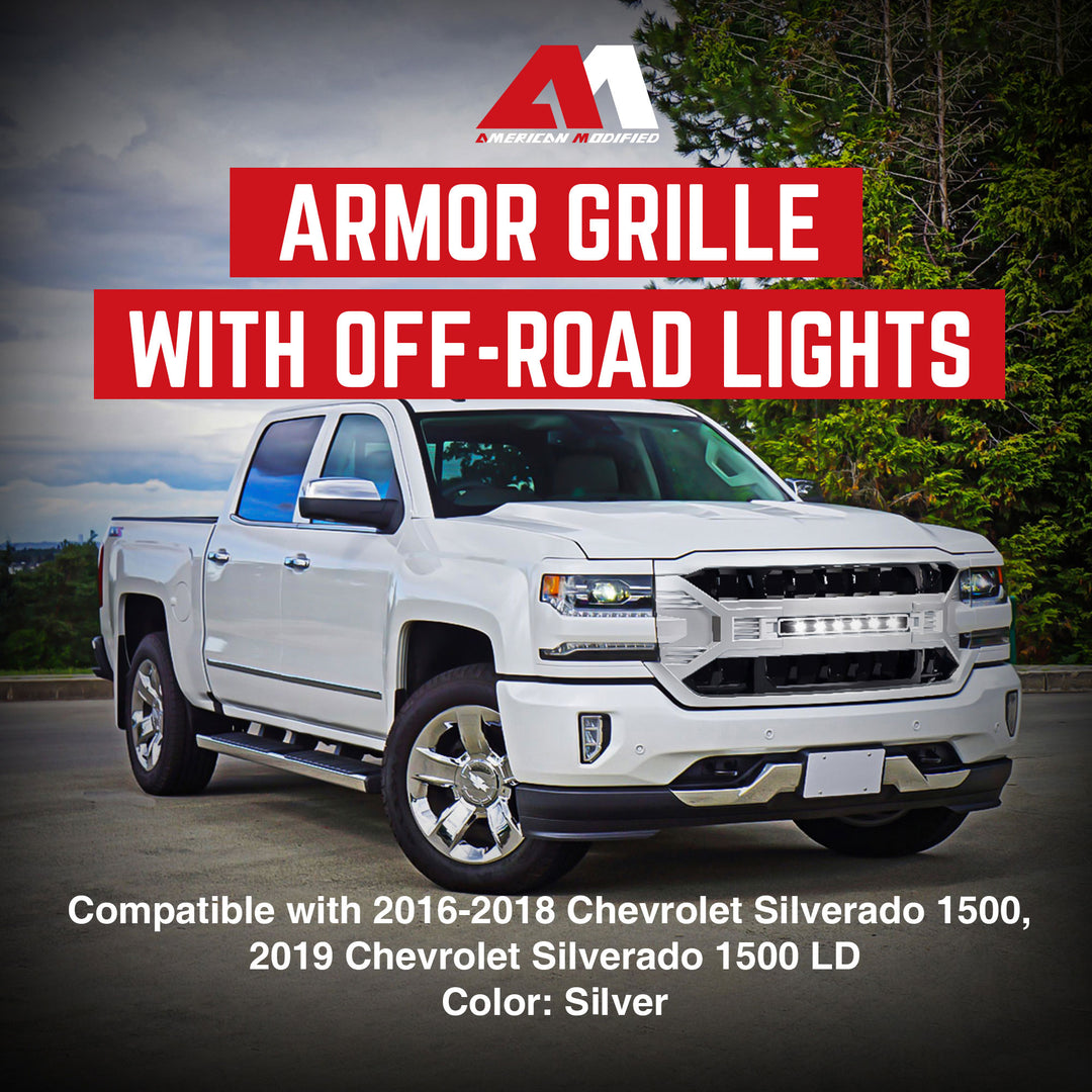 AMERICAN MODIFIED Armor Grille for 16-19 Chevy Silverado 1500, Silver (Open Box)