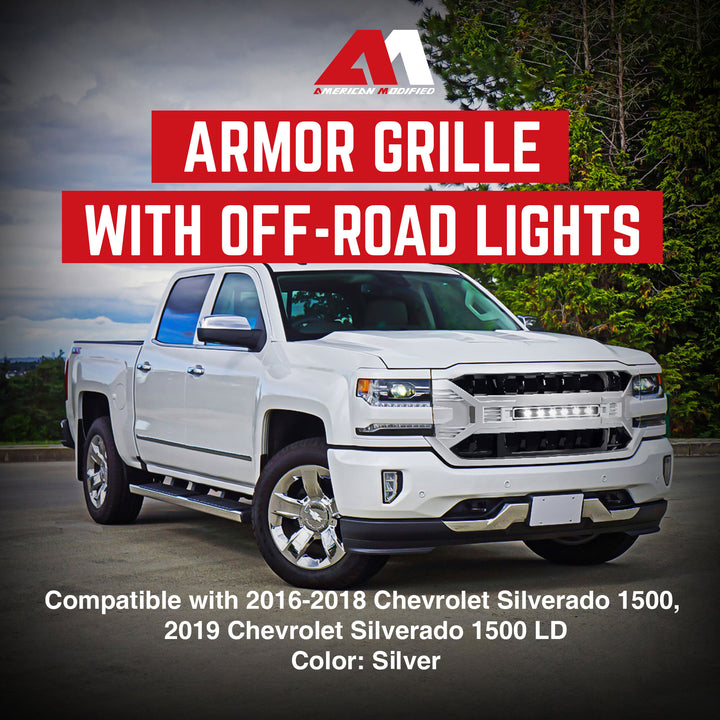 AMERICAN MODIFIED Armor Grille for 16-19 Chevy Silverado 1500, Silver (Open Box)