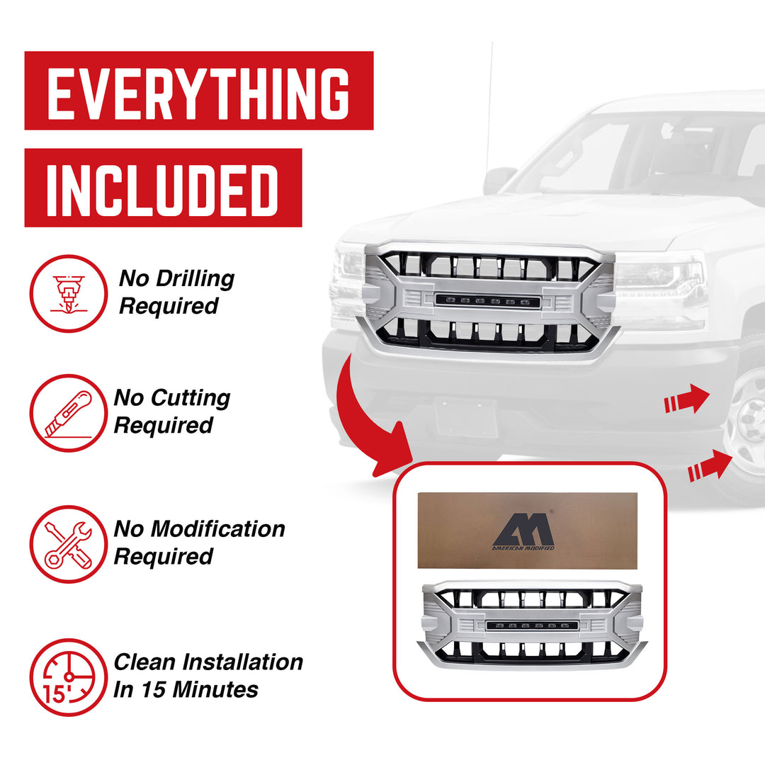 AMERICAN MODIFIED Armor Grille for 16-19 Chevy Silverado 1500, Silver (Open Box)