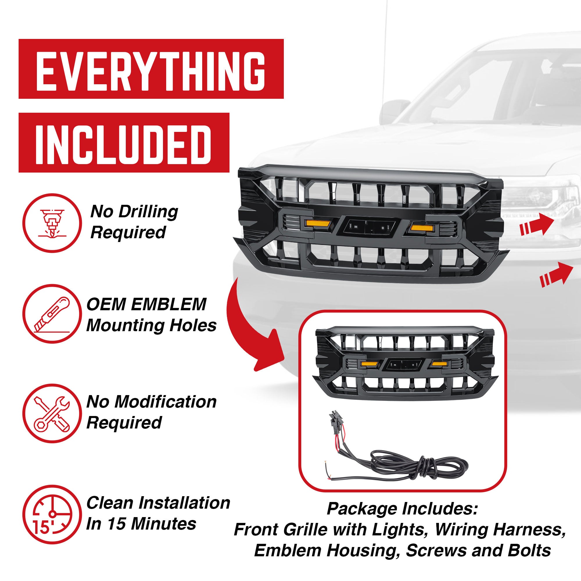 AMERICAN MODIFIED Armor Grille for 2016-2019 Chevy Silverado 1500, Glossy Black - VMInnovations