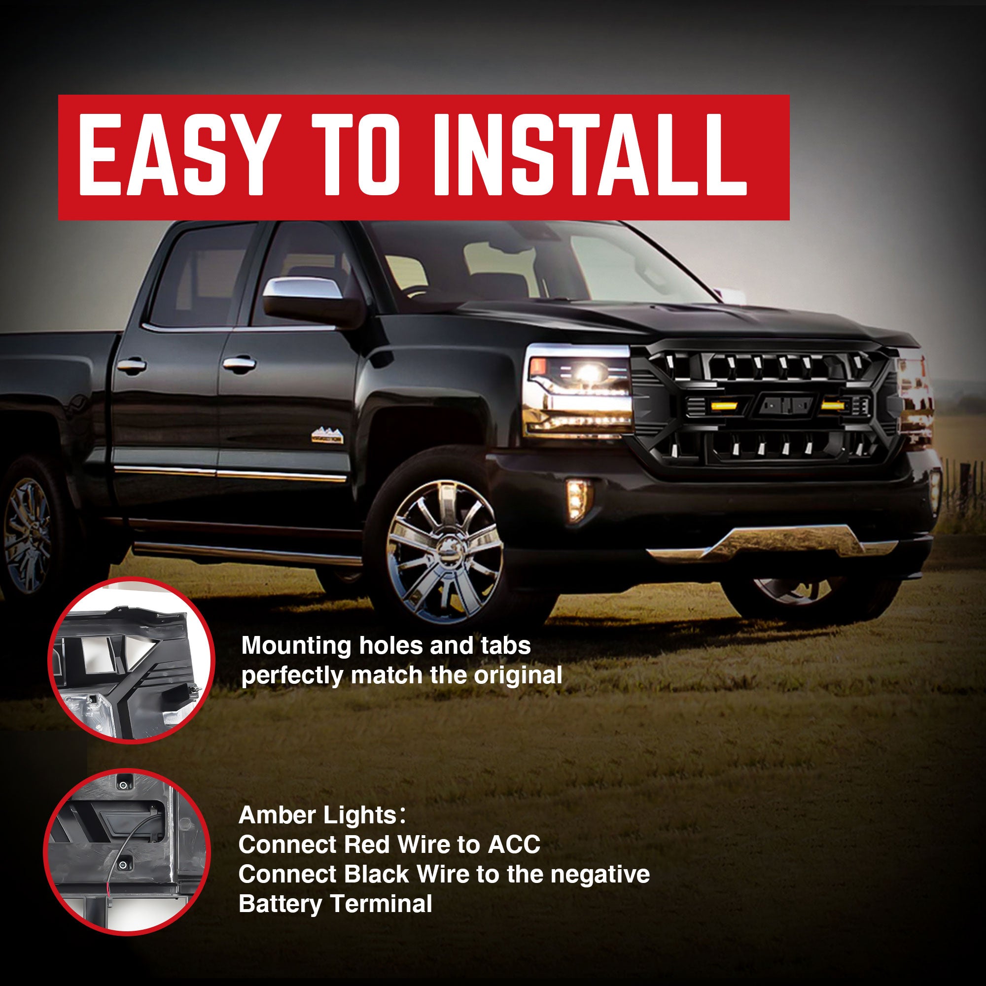 AMERICAN MODIFIED Armor Grille for 2016-2019 Chevy Silverado 1500, Glossy Black - VMInnovations