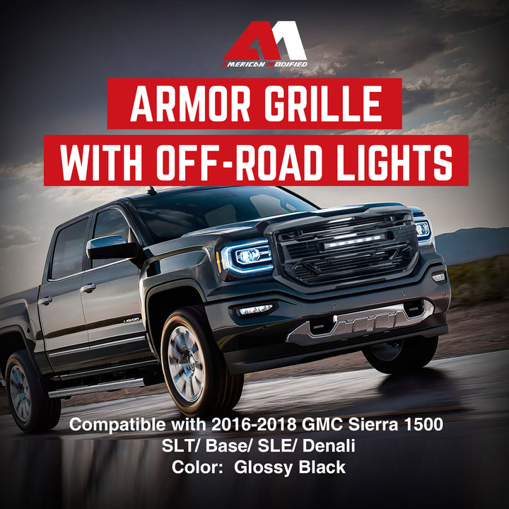 AMERICAN MODIFIED Armor Grille for 2016 to 2018 GMC Sierra 1500, Glossy Black (Open Box)