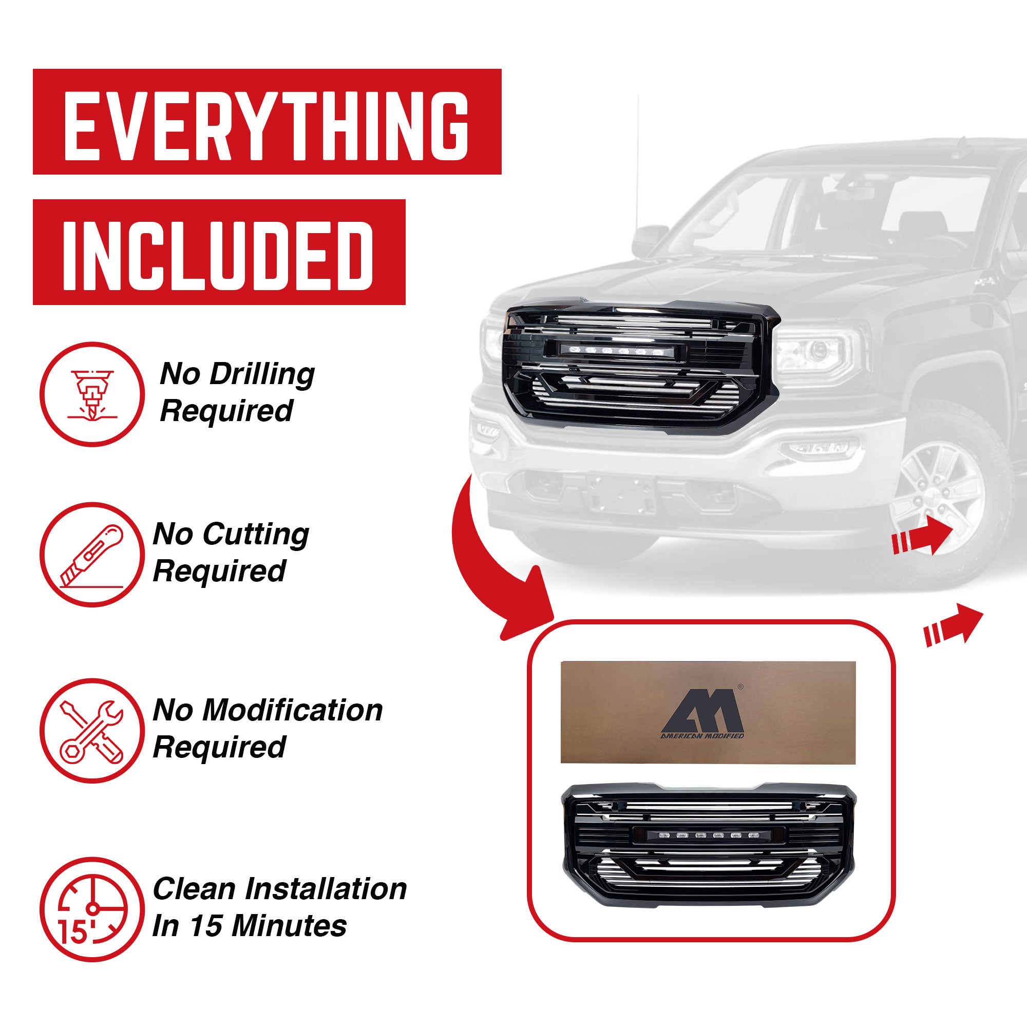AMERICAN MODIFIED Armor Grille for 2016 to 2018 GMC Sierra 1500, Glossy Black (Open Box) - VMInnovations