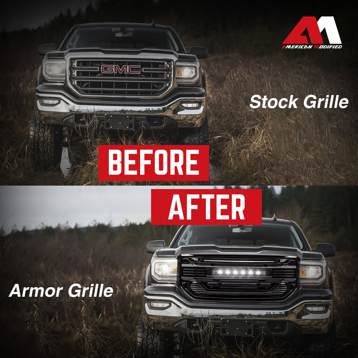 AMERICAN MODIFIED Armor Grille for 2016 to 2018 GMC Sierra 1500, Glossy Black