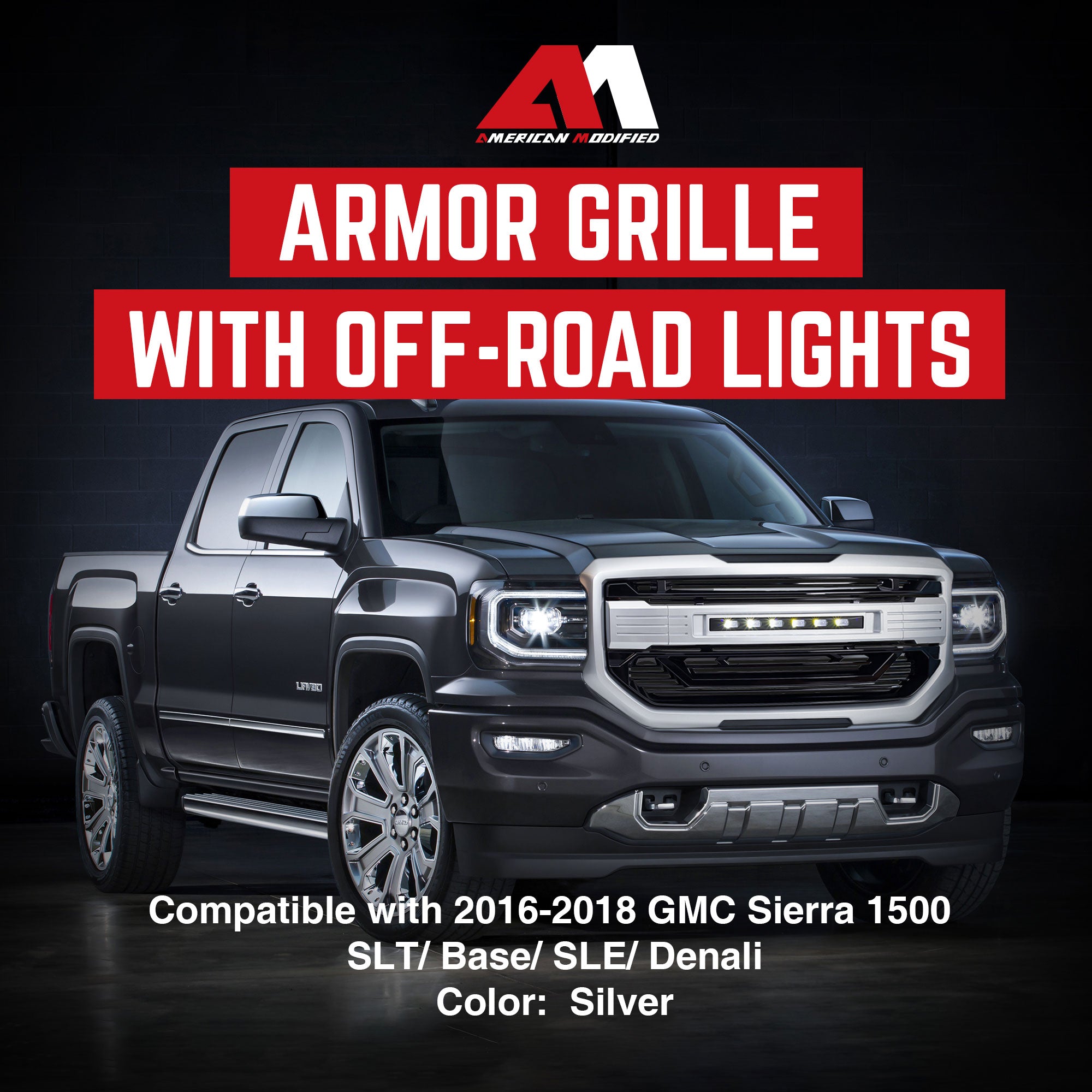 AMERICAN MODIFIED Armor Grille for 2016 to 2018 GMC Sierra 1500, Chrome Silver - VMInnovations