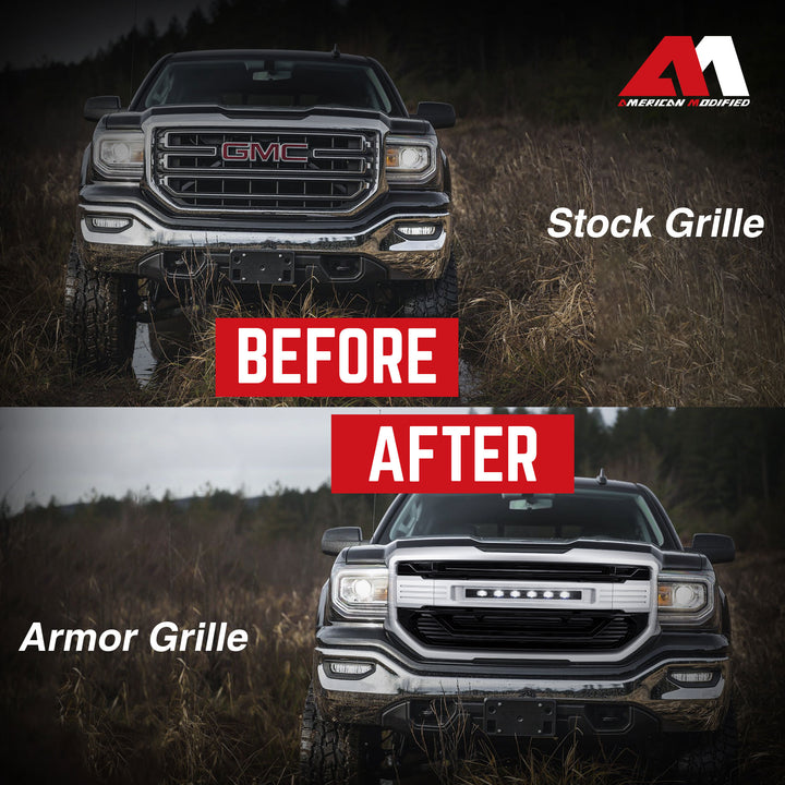 AMERICAN MODIFIED Armor Grille for 2016 to 2018 GMC Sierra 1500, Chrome Silver