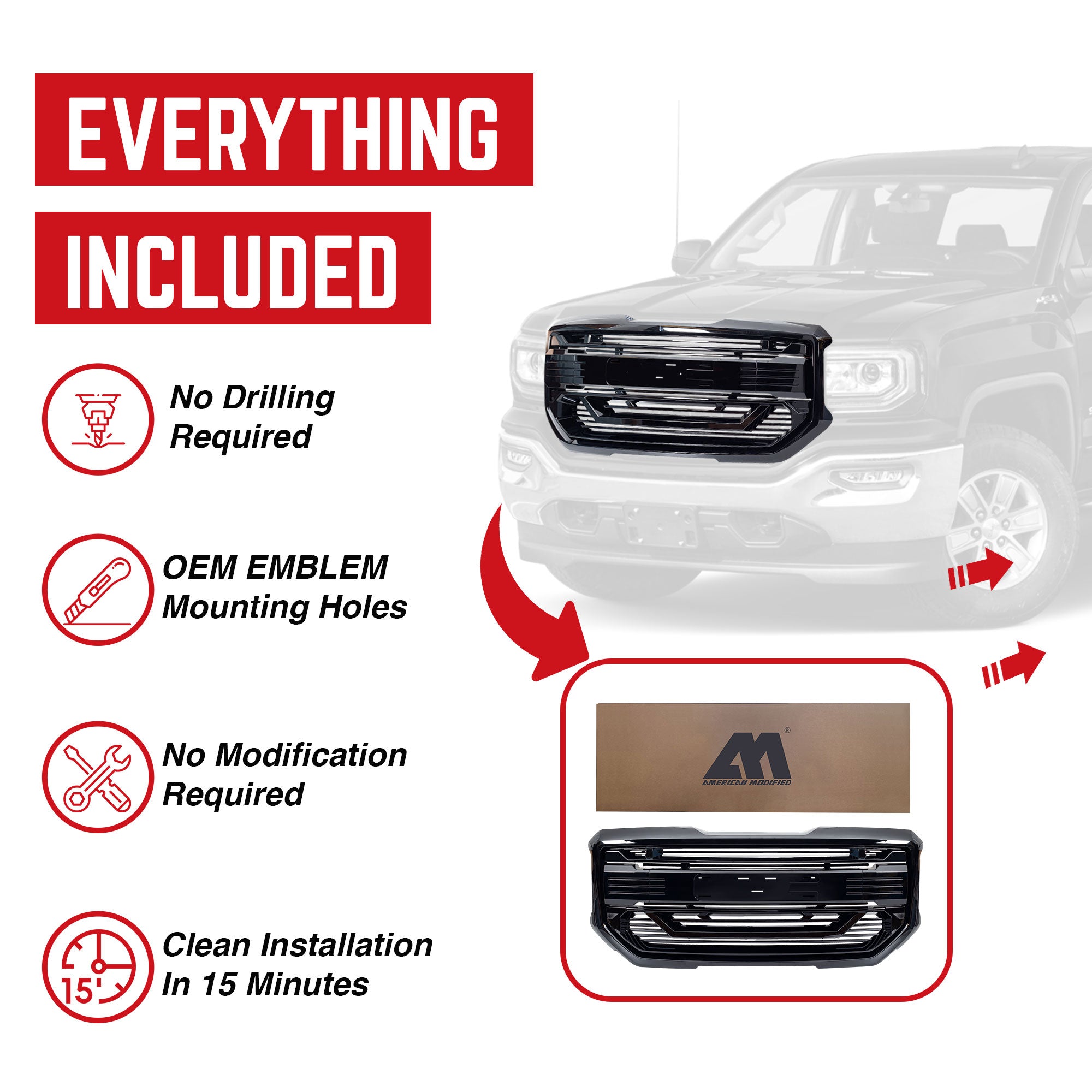 AMERICAN MODIFIED Armor Grille for 2016 to 2018 GMC Sierra 1500, Black(Open Box) - VMInnovations